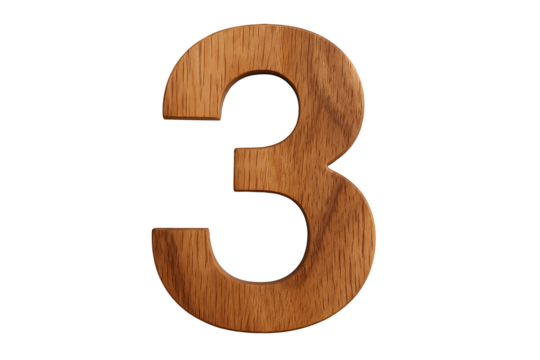 Wooden number three numeral isolated on white background, 3D carved oak texture, studio typography for counting, education and natural design - Powered by Adobe