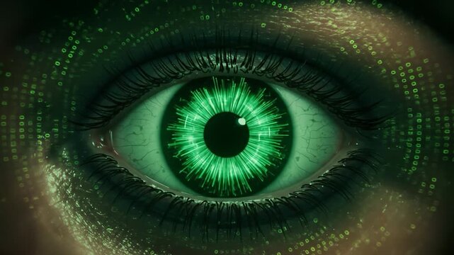 Gleaming green eye with digital matrix patterns, capturing futuristic perception