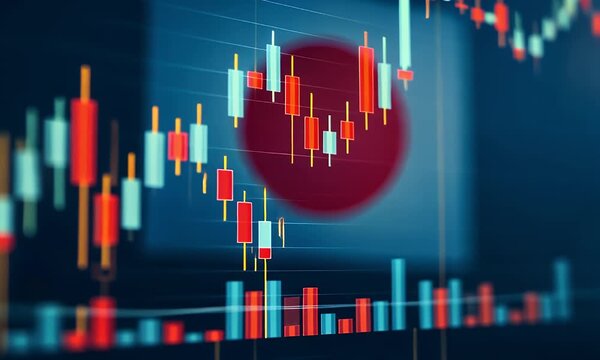 Dynamic japanese stock market candlestick chart displays fluctuating financial data with a blurred national flag in the background symbolizing economic trends and global investment - Powered by Adobe