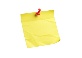 Blank yellow sticky note pinned securely with a red pushpin on black transparent background