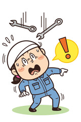 スパナなどの落下物や飛来落下に驚いている工場・現場の作業員イラスト｜不安全行動・不安全状態・労働災害