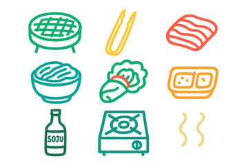 Korean barbecue cooking setup with ingredients and beverages ready for grilling and enjoying together