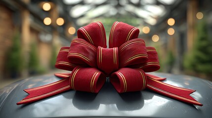 Close-up of car hood with giant velvet bow, showroom lighting reflecting off smooth metallic surface.