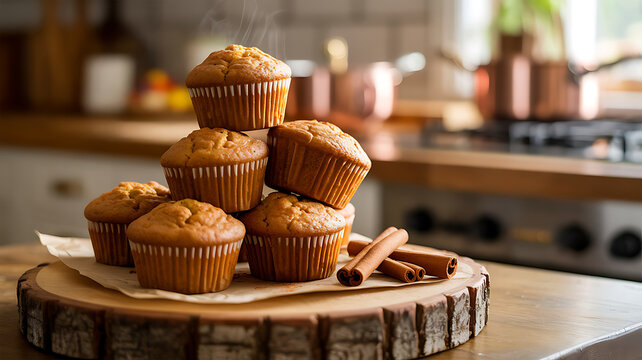 Golden brown baked muffins stacked on a rustic wooden board with cinnamon sticks in a cozy kitchen setting