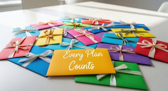 Colorful Envelopes with Ribbons Displaying Every Plan Counts Message