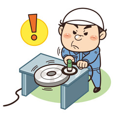 保護具を着用せず不安定な状態でグラインダー作業をしている工場作業員イラスト｜不安全行動・不安全状態・労働災害