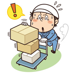 過度に荷物を積載して走りながら台車を押す工場作業員イラスト｜不安全行動・不安全状態・リスク・労働災害