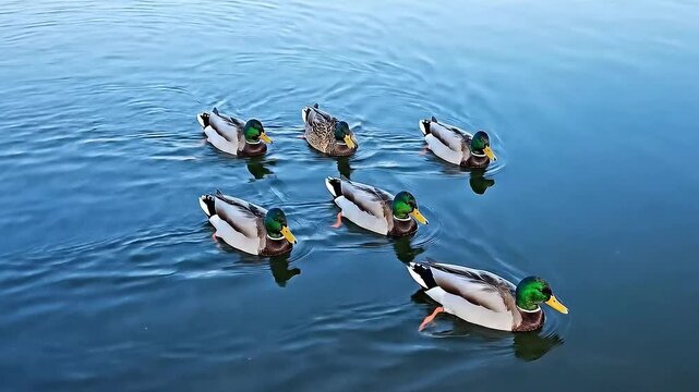 Group of Mallard Ducks Swimming Together on a Tranquil Blue Lake Water with Ripples and Sunlight Reflections in Daytime for Nature Wildlife Aquatic Bird Conservation Video