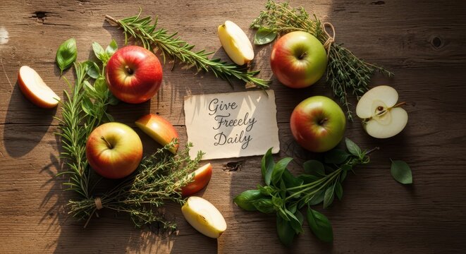 Fresh Apples with Herbs on a Wooden Board with a Positive Message