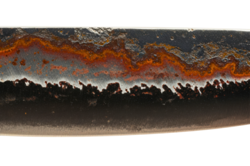 Macro detail of a rusty forged knife blade with corrosion pattern isolated on transparent background