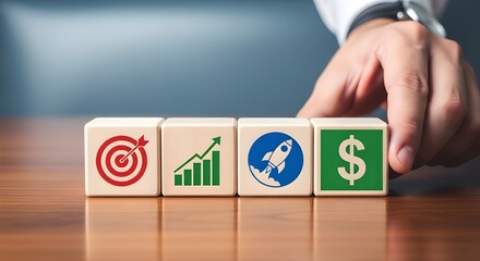 Wooden Blocks Showing Business Concept with Target Growth Startup and Dollar Sign