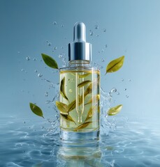 A clear glass bottle of face serum with a white dropper cap stands elegantly amidst fresh green leaves, all set on a serene water surface with gentle ripples. The light blue, aqua-toned background evo