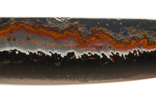 Macro detail of a rusty forged knife blade with corrosion pattern isolated on transparent background