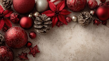 Christmas border with red ornaments and decorations on neutral background