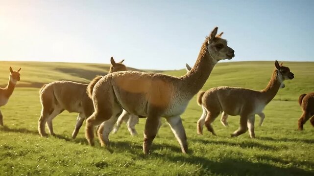 Herd of Brown Alpacas Grazing on Green Pasture Under Clear Blue Sky with Golden Sun Rays Beautiful Scenic Landscape Animal Farm Stock Footage in Daylight Establishing Shot
