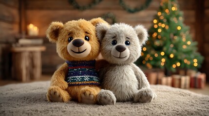 Obraz premium Creative and joyful holiday room setup with soft toys, sparkling tree, festive table d?(C)cor and colorful lights.