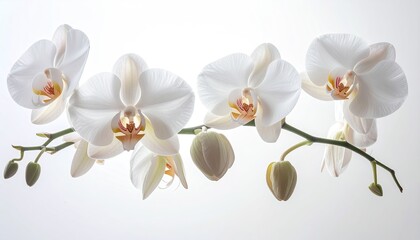 Delicate White Orchid Blossoms with Buds on Stem Illuminated by Soft Daylight Studio Lighting Isolated on White Background