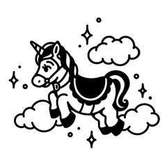 Black and white magical unicorn flying through the dark clouds