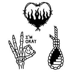 Edgy monochrome symbols of struggle, pain, and deceptive wellness