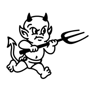 Angry little baby devil running with a trident in hand