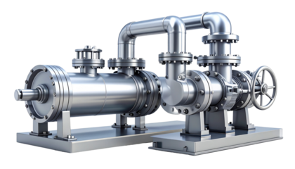 Centrifugal pump equipment pair with piping layout, isolated on transparent background