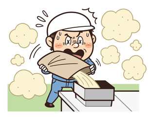 原料投入作業で保護メガネや保護具未着用の工場・現場の作業員イラスト｜不安全行動・不安全状態・労働災害