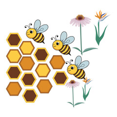 Seamless border pattern with honeycomb and honey bees. Cute beekeeping frame design isolated on white background. Vector illustration