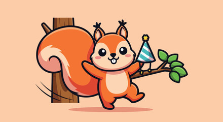 A cartoon squirrel celebrates with a party hat while perched on a tree branch near a tree trunk
