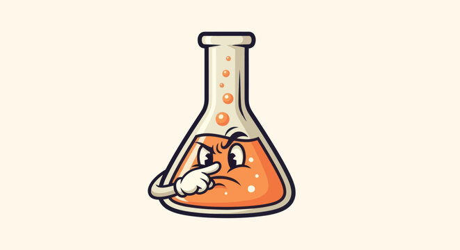 Cartoon Erlenmeyer flask with a disapproving face and hand gesture, orange liquid