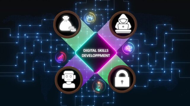 Digital skill development and global connection with modern technology icons and design , social network icons ,Beautiful motion waving dots map texture with glowing defocused particles 4k video.