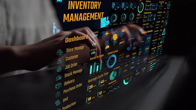Inventory management dashboard showing supply chain performance, stock levels, order cycle times, cost reduction, and procurement ROI. Inventory tracking, and streamline warehouse efficiency. Thunk