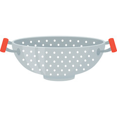 Silver Metal Colander With Red Handles And White Background Showing Kitchenware And Cooking Utensils Used For Draining Food And Washing Vegetables And Fruits
