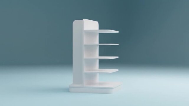 Minimalist white display stand with four shelves on a soft blue background