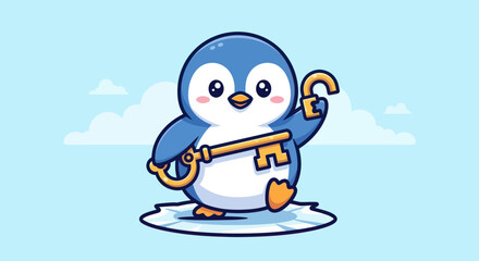 A cartoon penguin with a golden key on an ice floe under a cloudy sky, with open key