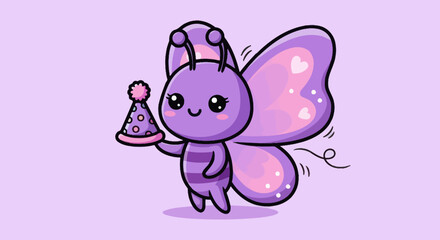 Adorable purple butterfly cartoon wearing a party hat, with heart-shaped wings on a lilac background