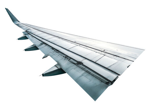 Metallic wing with flaps extended against a black backdrop - Powered by Adobe