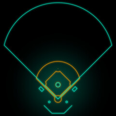 Vibrant neon glow outlines a classic baseball field, perfect for sports design
