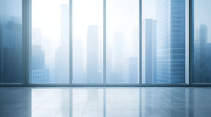 Transparent walls frame city skyline, morning sun lights up high towers and geometric glass forms.