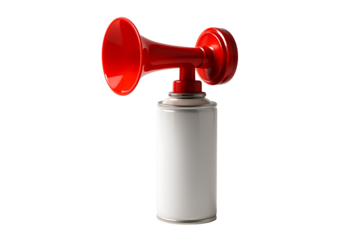 Red air horn attached to blank aerosol can isolated on white, loud safety signal for sports events, boating and emergency alert concepts