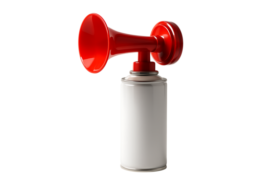 Red air horn attached to blank aerosol can isolated on white, loud safety signal for sports events, boating and emergency alert concepts