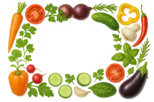 Fresh healthy vegetables creating a vibrant decorative border or cooking ingredients frame with transparent background