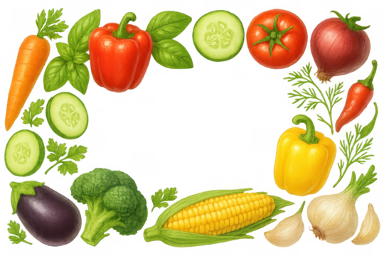 Fresh colorful vegetable frame creating a border with copy space, natural organic ingredients, transparent background