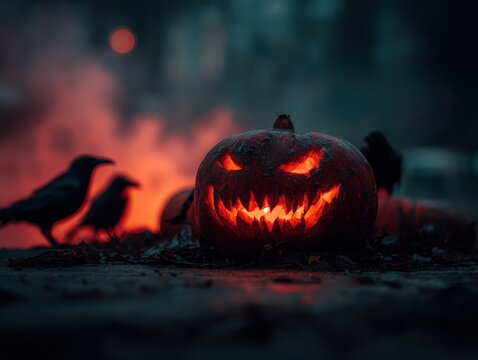 Glowing jack o lantern with crows in a spooky halloween night scene with orange and blue atmospheric lighting