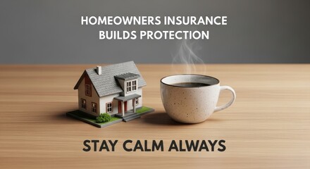 A miniature house and coffee cup promoting homeowners insurance