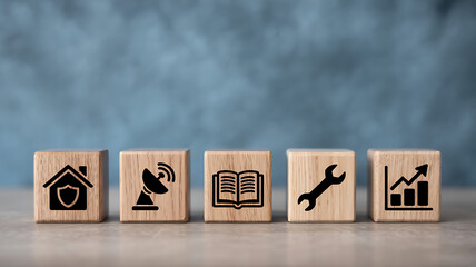 Wooden cubes with home security satellite communication manual wrench and growth chart icons in a clean studio scene for maintenance service learning and business analytics