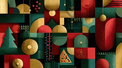 Christmas geometric seamless pattern with holiday icons elements for wrapping paper, background, wallpaper. Trendy modern contemporary abstract print. Red, green, gold colors.