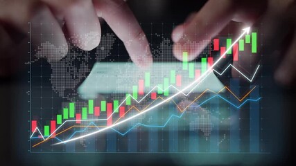 Close-up view of hands interacting with a digital financial chart, showcasing colorful graph trends and data analysis, symbolizing market growth and investment decisions. Copula - Powered by Adobe