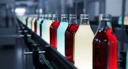 Automated conveyor belt system with illuminated glass bottles of colorful soft drinks moving along a production line in a modern beverage factory