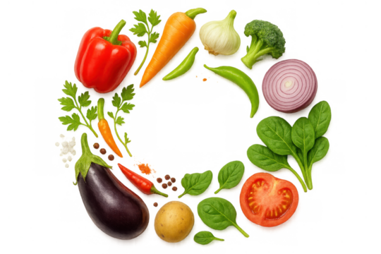 Fresh vegetables forming circle frame, healthy eating and cooking ingredients with copy space on transparent background