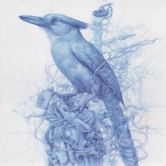 Artistic depiction of a blue bird perched on a branch detailed illustration